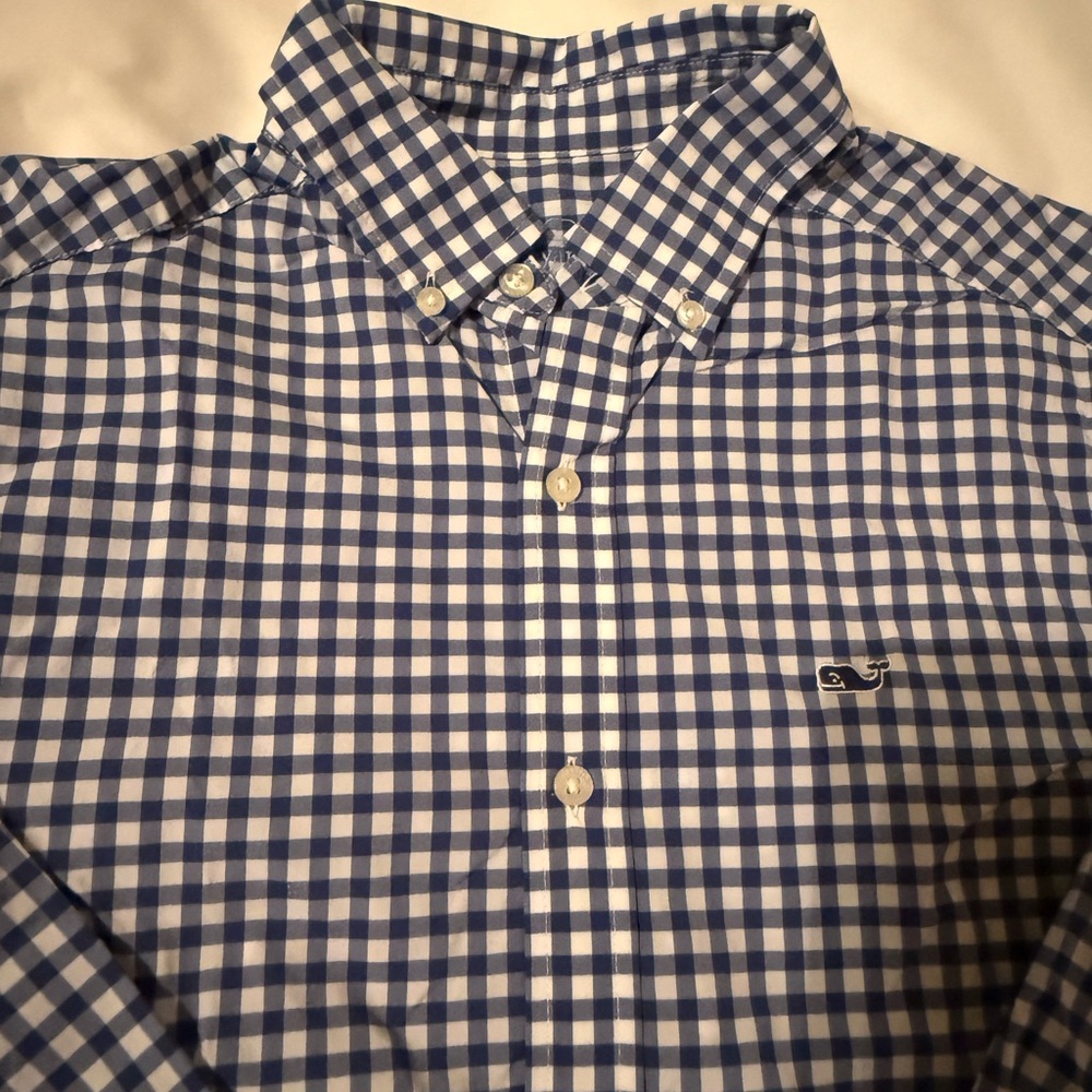 Vineyard Vines Men’s Blue and White Plaid Performance Shirt